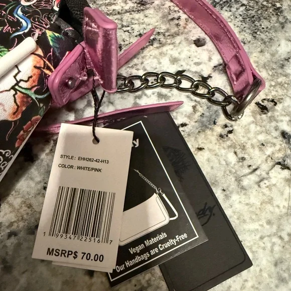 Ed Hardy Pink Floral Skull Accent Baguette Bag with crossbody - Picture 10 of 10